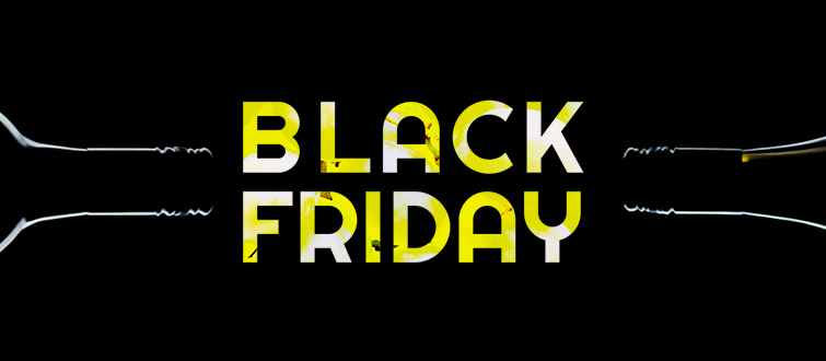 Banner de Black Friday de Burbujas y Vinos con botellas de vino y texto amarillo sobre fondo negro