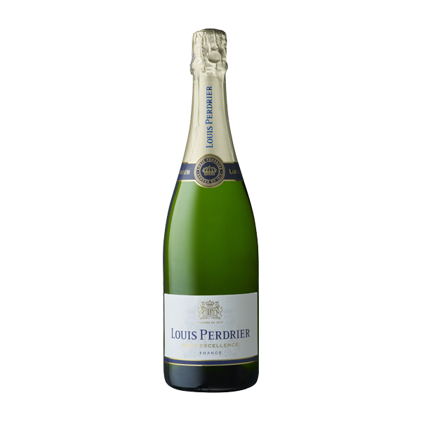 Botella de vino espumoso Louis Perdrier Brut 75 cl sobre fondo blanco