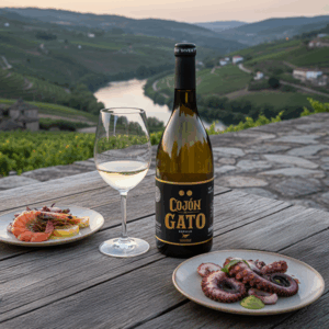 Botella de Cojón de Gato Godello D.O. Valdeorras con copa de vino blanco y platos de pulpo y salmón frente al río Sil