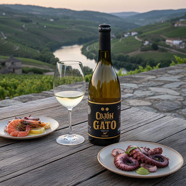 Botella de Cojón de Gato Godello D.O. Valdeorras con copa de vino blanco y platos de pulpo y salmón frente al río Sil