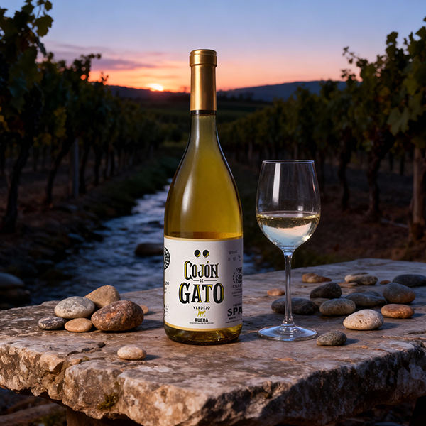 Botella de Cojón de Gato Verdejo con copa de vino blanco al atardecer sobre mesa de piedra entre viñedos