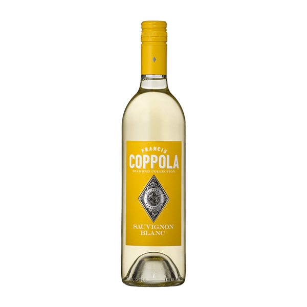 Botella de Francis Coppola Diamond Collection Sauvignon Blanc sobre fondo blanco.