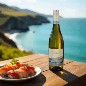 Kia Ora Sauvignon Blanc con sushi frente al mar en un paisaje de acantilados