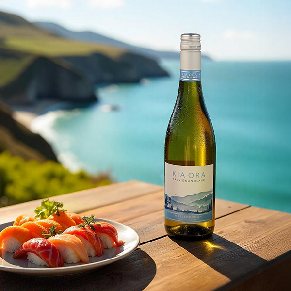 Kia Ora Sauvignon Blanc con sushi frente al mar en un paisaje de acantilados