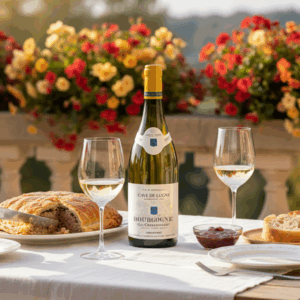 Botella de Cave de Lugny Les Chenaudières Chardonnay con copas de vino blanco sobre una mesa al aire libre