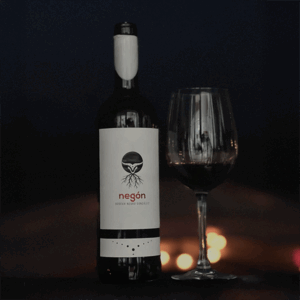 Botella y copa de vino tinto Negón Ribera del Duero junto a una luz cálida