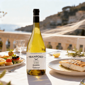 Botella de El Tramposo La Bizca Godello en mesa junto a platos de marisco con vistas al mar.