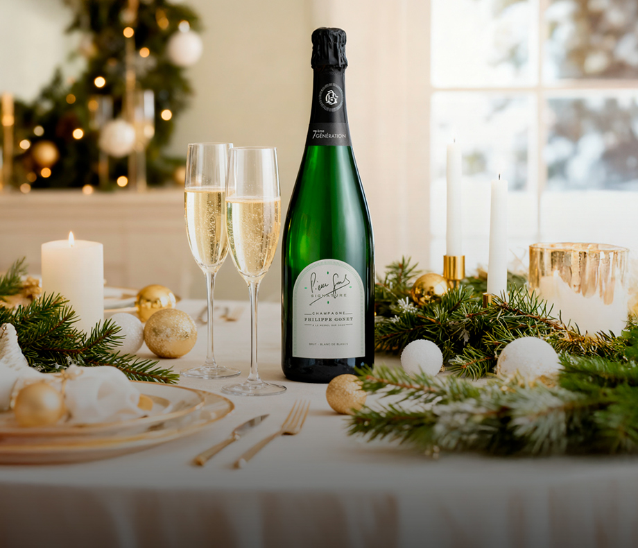 Champagne y vinos espumosos para Navidad en una mesa festiva — compra online en BurbujasyVinos.com
